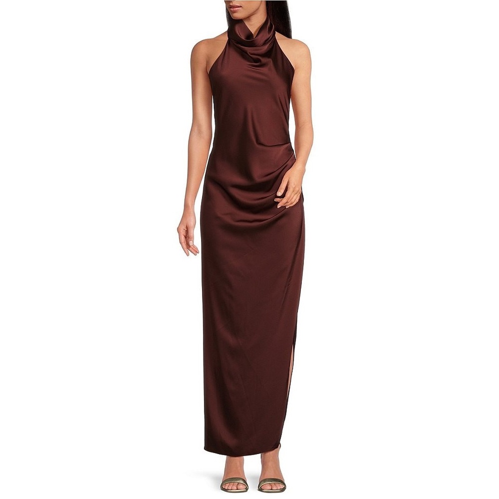 Gianni Bini Satin High Neck Long Dress in Burgundy